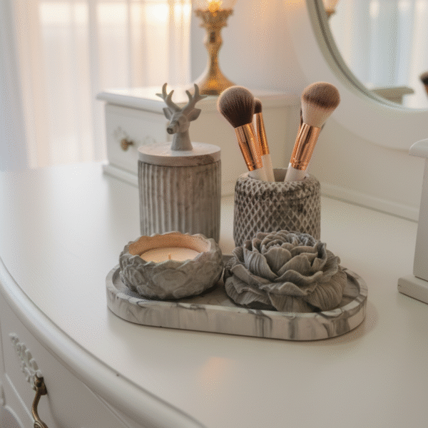 סט פרימיום בעיצוב שיש עם פמוט, מפיץ ריח וקופסת תכשיטים