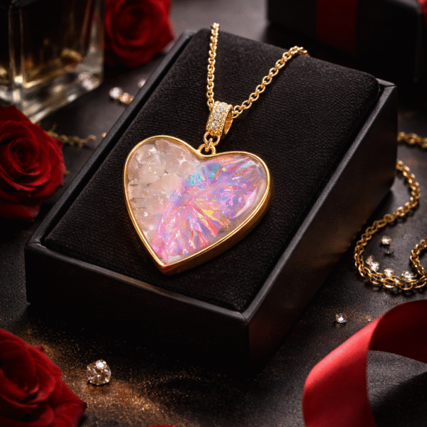 שרשרת לב ורודה בעבודת יד מאפוקסי עם אבני קריסטל רוז קוורץ