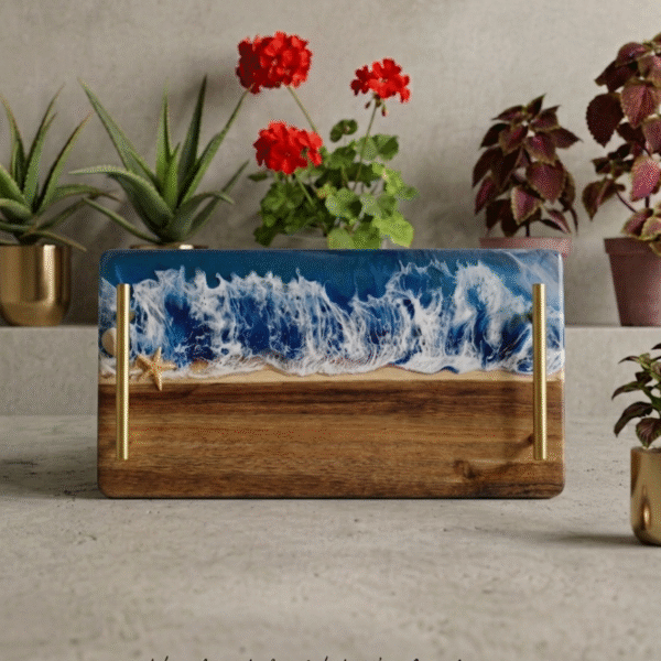 מגש עץ בשילוב אפוקסי בעיצוב ים יוקרת